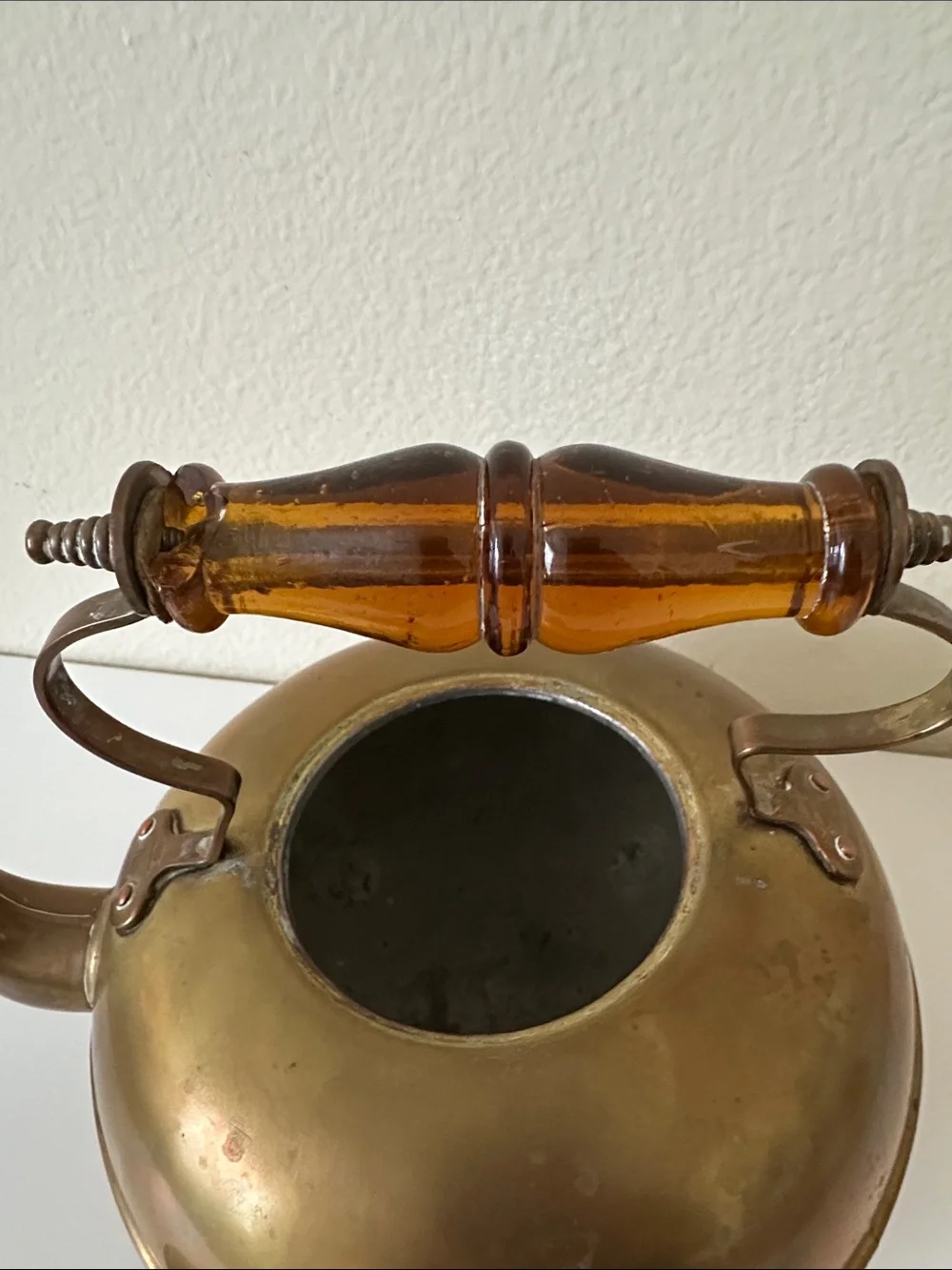 Antique-Inspired Brass Footed Tea Kettle with Amber Glass Handle